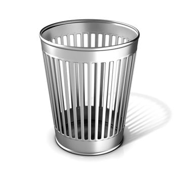 Empty metal trash bin isolated on white background
