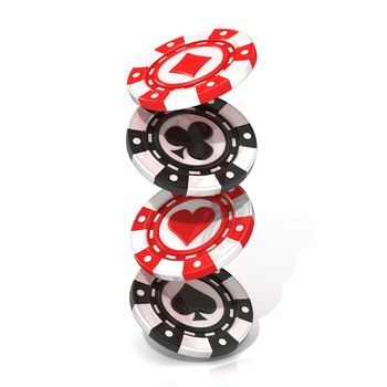Set of falling gambling poker chips, with spade, heart diamond and club on it. 3D render Isolated on white background