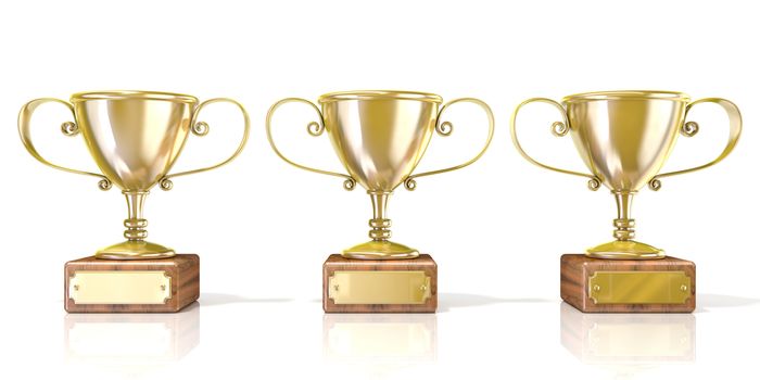 Three golden cup trophies. 3D render illustration isolated on white background
