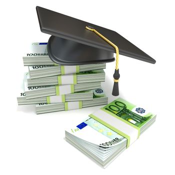 Education concept. Graduation cap on stack of euro bills. 3D rendering illustration isolated on white background.