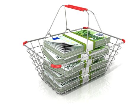 Steel wire shopping basket full of euros stacks. Isolated on a white background