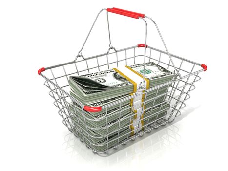 Steel wire shopping basket full of dollars stacks. Isolated on a white background