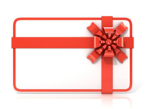 White blank gift card, with red ribbon. 3D render illustration isolated on white. Front view