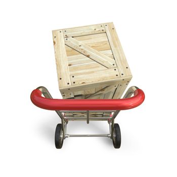 Hand truck with wooden box. Delivery concept. Top view. 3D render illustration isolated on white background