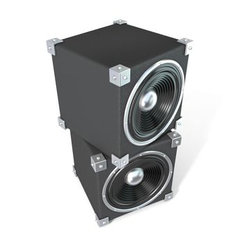 Pair of sound speakers. 3D render illustration isolated on white background. Side view