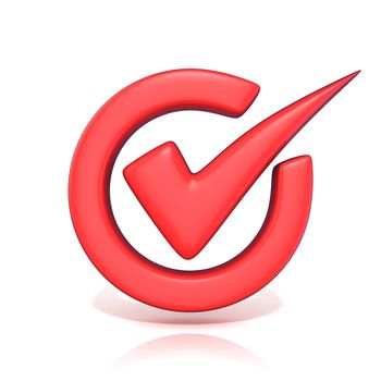 Red correct check mark in circle. 3D render illustration isolated on white background