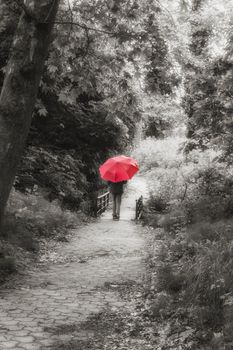 Girl with red umbrella walking away through the forest