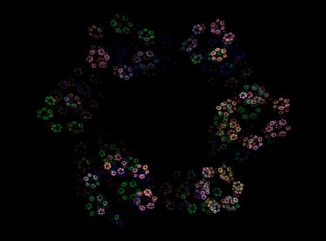 Fractal abstraction, a colorful wreath of small flowers on a black background