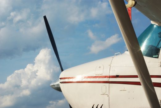 private flight business travel little airplane on blue sky