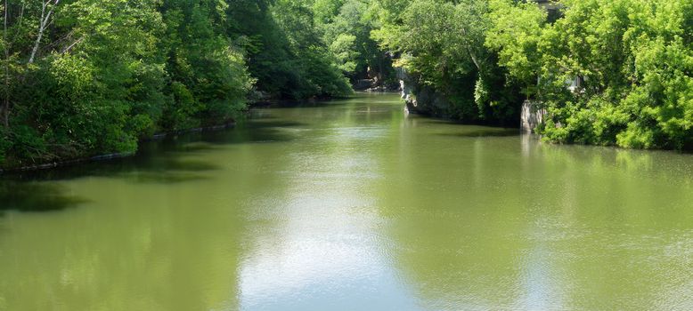 panoramic lake with dark water dam trees and green reflections