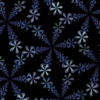 Fractal abstraction, a pattern of snowflakes in shades of blue on a black background