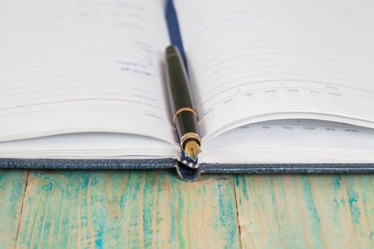 selective focus of the  pen on opened lined diary book , 
extremely shallow DOF