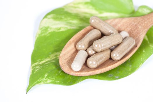 Capsules of herbs on spoon on white background 
