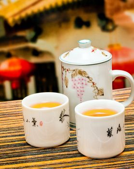 Outdoor Tea Break Showing Teacup Cup And Cafeteria