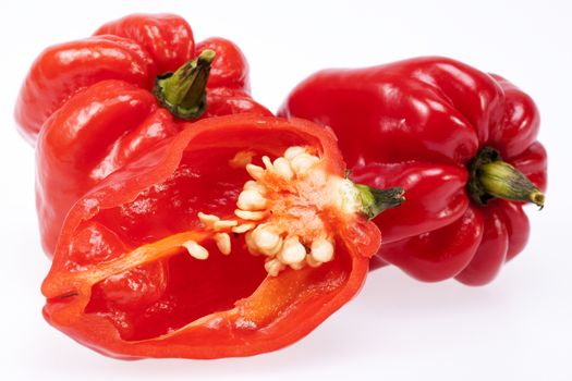 some chili peppers isolated on white background, close up.