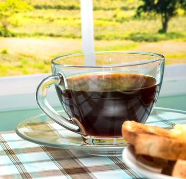 Breakfast Black Coffee Showing Butter Toast And Food