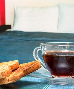 Coffee In Bed Representing Meal Time And Toasting