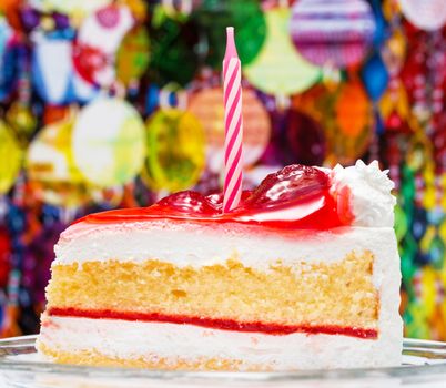 Sliced Birthday Cake Indicating Appetizing Fruits And Dessert