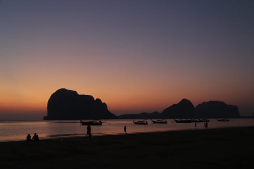 Sunset at Pak-Meng Beach of Trang - Thailand - Meng Mountain look like sleeping women