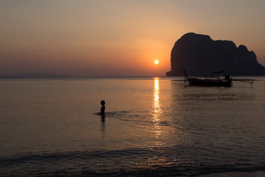 Sunset at Pak-Meng Beach of Trang - Thailand - Meng Mountain look like sleeping women