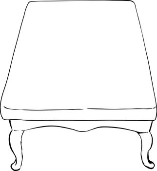 Outline drawing of single blank rectangular table with short curved legs