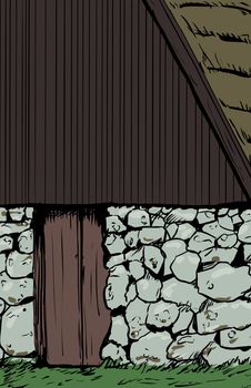 Illustration close up on 18th century flaxseed drying hut common to the Skåne region of Sweden