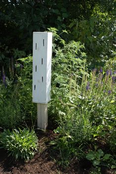 A closeup image of a bat box with surrounding plants.