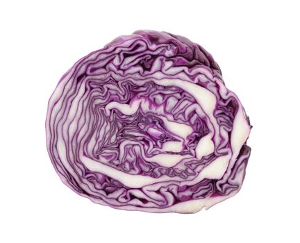 Half red cabbage showing intricate pattern in cross section, isolated on a white background