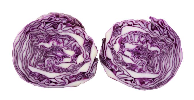 Two halves of a red cabbage, cut face showing pattern of leaves, isolated on a white background