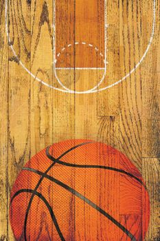 A basketball and court painted over a vintage hardwood floor background.