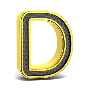 Golden and black round alphabet. Letter D. 3D render illustration isolated on white background with soft shadow
