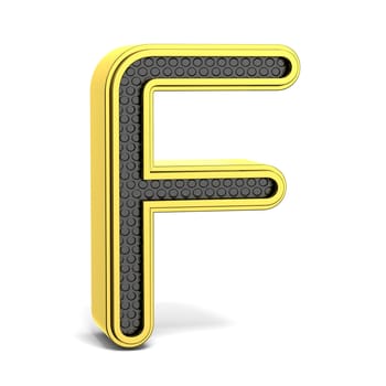 Golden and black round alphabet. Letter F. 3D render illustration isolated on white background with soft shadow