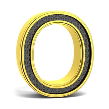 Golden and black round alphabet. Letter O. 3D render illustration isolated on white background with soft shadow