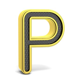 Golden and black round alphabet. Letter P. 3D render illustration isolated on white background with soft shadow