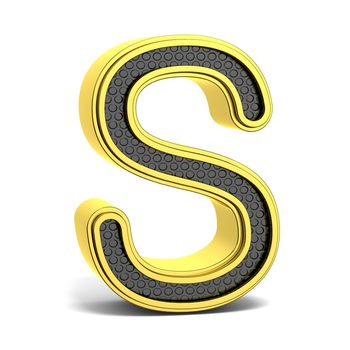 Golden and black round alphabet. Letter S. 3D render illustration isolated on white background with soft shadow