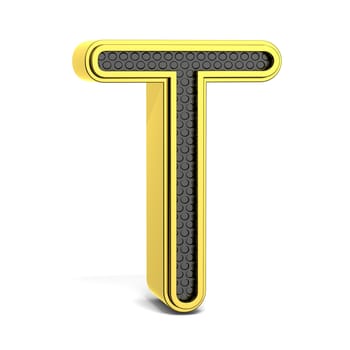 Golden and black round alphabet. Letter T. 3D render illustration isolated on white background with soft shadow