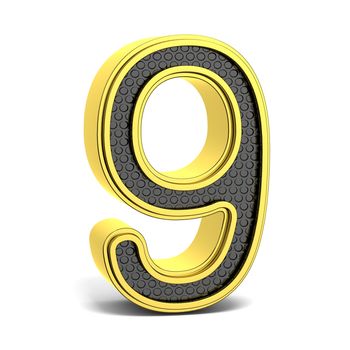Golden and black round font. Number 9. 3D render illustration isolated on white background with soft shadow