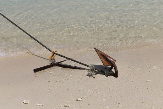 boat ship anchor on the beach with white sand and clam shell