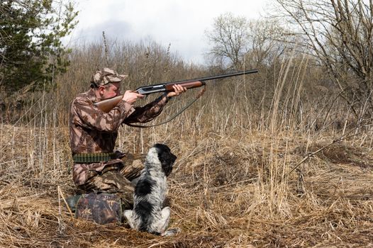 Outdoor shot of man with a gun and Russian hunting Spaniel.