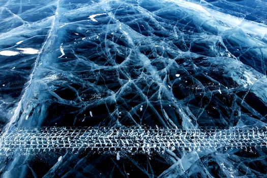 Cracks and traces on ice on the Baikal lake