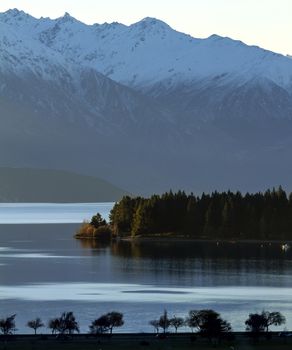 Landscape with a river and mountains in New Zealand