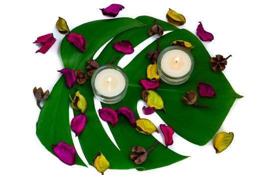 Fresh colorful composition of two burning candles, fragrant potpourri on monstera leaf