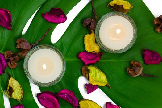 Fresh colorful composition of two burning candles, fragrant potpourri on monstera leaf