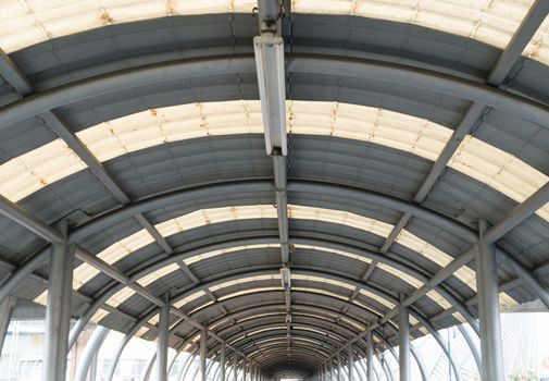  interior of metal roof structure of modern building