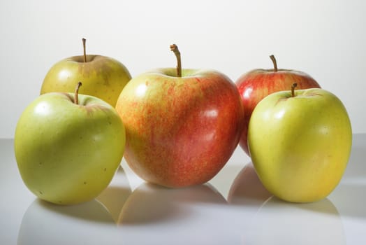 Multi-colored apples on a surface with reflection