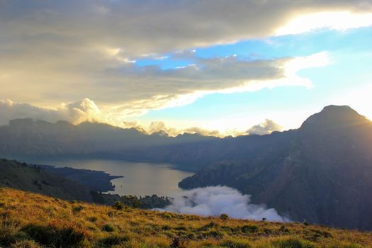 Mountain Rinjani volcano crater lake, Lombok, Indonesia