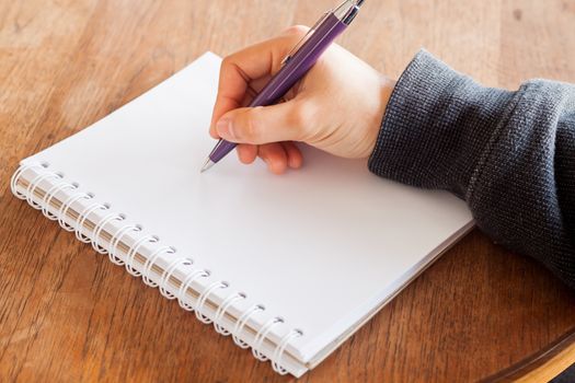 Woman hand with pen writing on notebook, stock photo