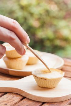 Mini pies on wooden plate, stock photo