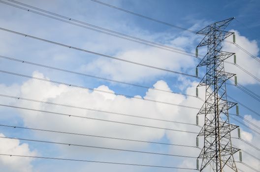 Electric tower ultra wide angle over blue sky with clouds in Thailand