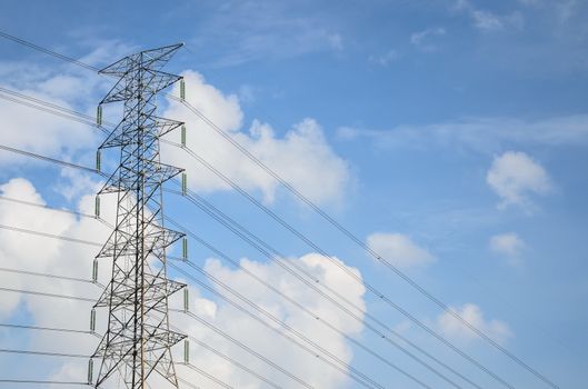 Power lines against the blue sky in Thailand